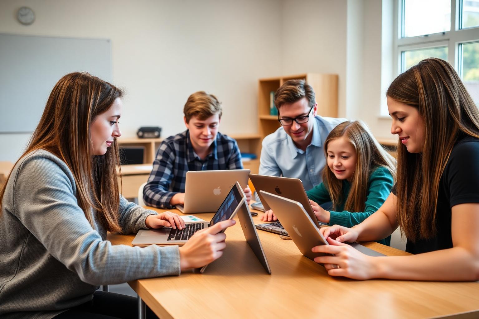 Studenti e insegnante in un'aula moderna imparano la sicurezza informatica con laptop e tablet